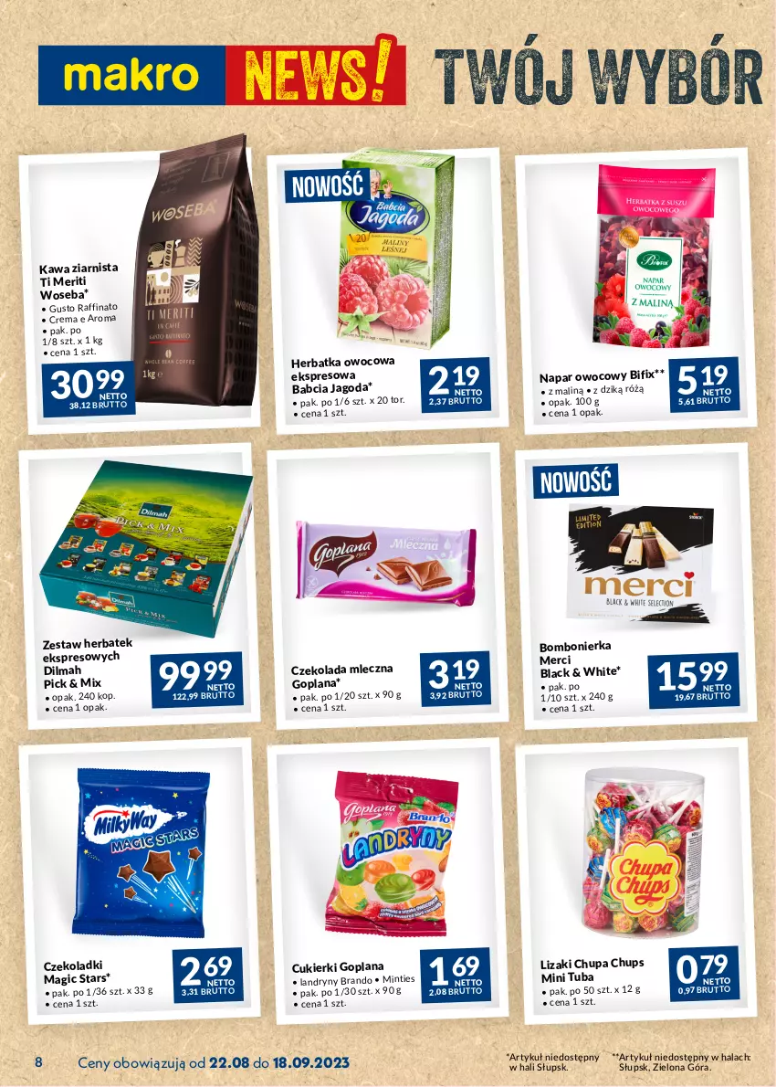 Gazetka promocyjna Makro - Najlepsze oferty - ważna 22.08 do 18.09.2023 - strona 8 - produkty: Chupa Chups, Cukier, Cukierki, Czekolada, Czekolada mleczna, Dilmah, Goplana, Kawa, Kawa ziarnista, Lack, LANA, Lizaki, Merci, Woseba