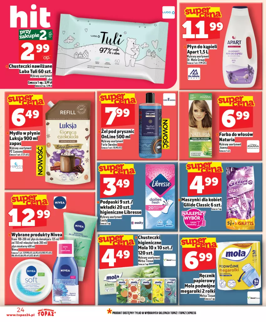 Gazetka promocyjna Topaz - Gazetka - ważna 05.02 do 11.02.2026 - strona 24 - produkty: Chusteczki, Fa, Farba do włosów, Joanna, LG, Luksja, Makijaż, Mola, Mydło, Mydło w płynie, Nivea, Płyn do kąpieli, Tonik, Top