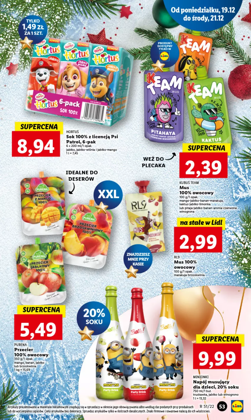 Gazetka promocyjna Lidl - GAZETKA - ważna 19.12 do 21.12.2022 - strona 65 - produkty: Brzoskwinie, Deser, Dzieci, Fa, Jabłka, Kaktus, Kubuś, Mango, Mus, Napój, Napój musujący, Psi Patrol, Pur, Ser, Sok, Wino, Winogrona