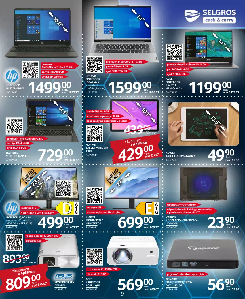 Gazetka promocyjna Selgros - Katalog Elektro AGD - ważna 03.03 do 16.03.2022 - strona 9 - produkty: Acer, Fa, Huawei, Intel, Lenovo, Monitor, Notebook, Obraz, Podkład, Podkładka, Procesor, Tablet, Top