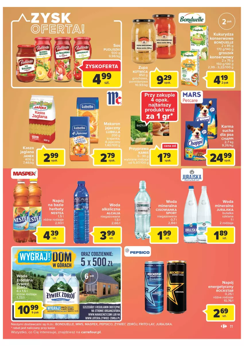 Gazetka promocyjna Carrefour - Gazetka Market Zyskoteka - ważna 19.07 do 30.07.2022 - strona 11 - produkty: Bell, Bella, Bonduelle, Chappi, Cisowianka, Groch, Groszek, Kasza, Kasza jaglana, Kukurydza, LANA, Lubella, Makaron, Napój, Napój energetyczny, Pepsi, Por, Pudliszki, Ser, Sport, Woda, Woda mineralna