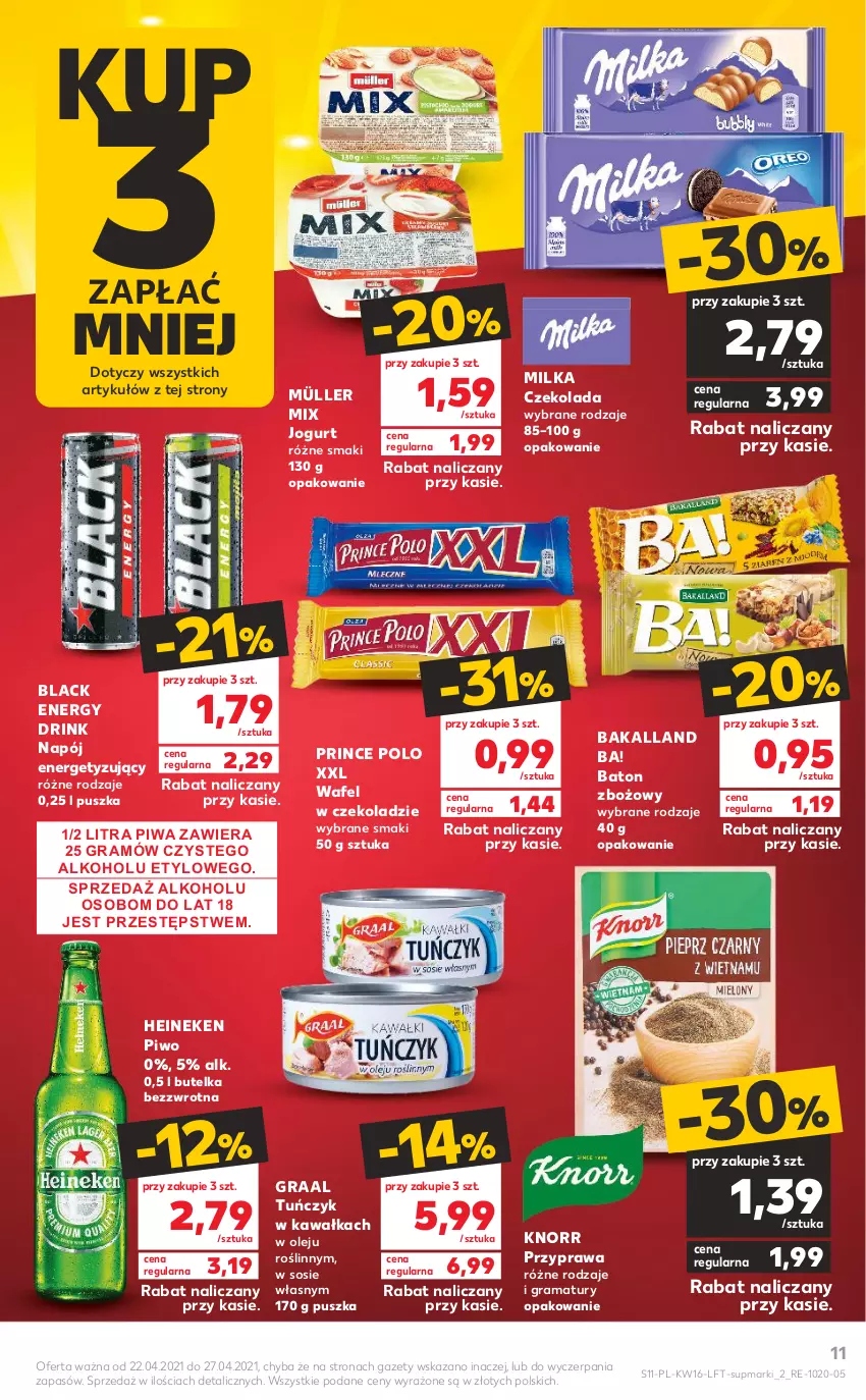 Gazetka promocyjna Kaufland - OFERTA TYGODNIA - ważna 22.04 do 27.04.2021 - strona 11 - produkty: Ba!, Bakalland, Baton, Czekolada, Gra, Graal, Heineken, Jogurt, Kawa, Knorr, Lack, Milka, Müller, Müller Mix, Napój, Olej, Piwa, Piwo, Prince Polo, Rama, Sos, Tuńczyk