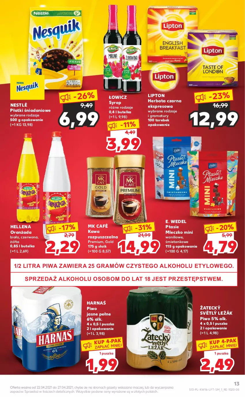 Gazetka promocyjna Kaufland - OFERTA TYGODNIA - ważna 22.04 do 27.04.2021 - strona 13 - produkty: Danio, E. Wedel, Gra, Harnaś, Hellena, Herbata, Herbata czarna, Kawa, Kawa rozpuszczalna, Lipton, Mleczko, Nestlé, Oranżada, Piwa, Piwo, Piwo jasne, Ptasie mleczko, Rama, Syrop