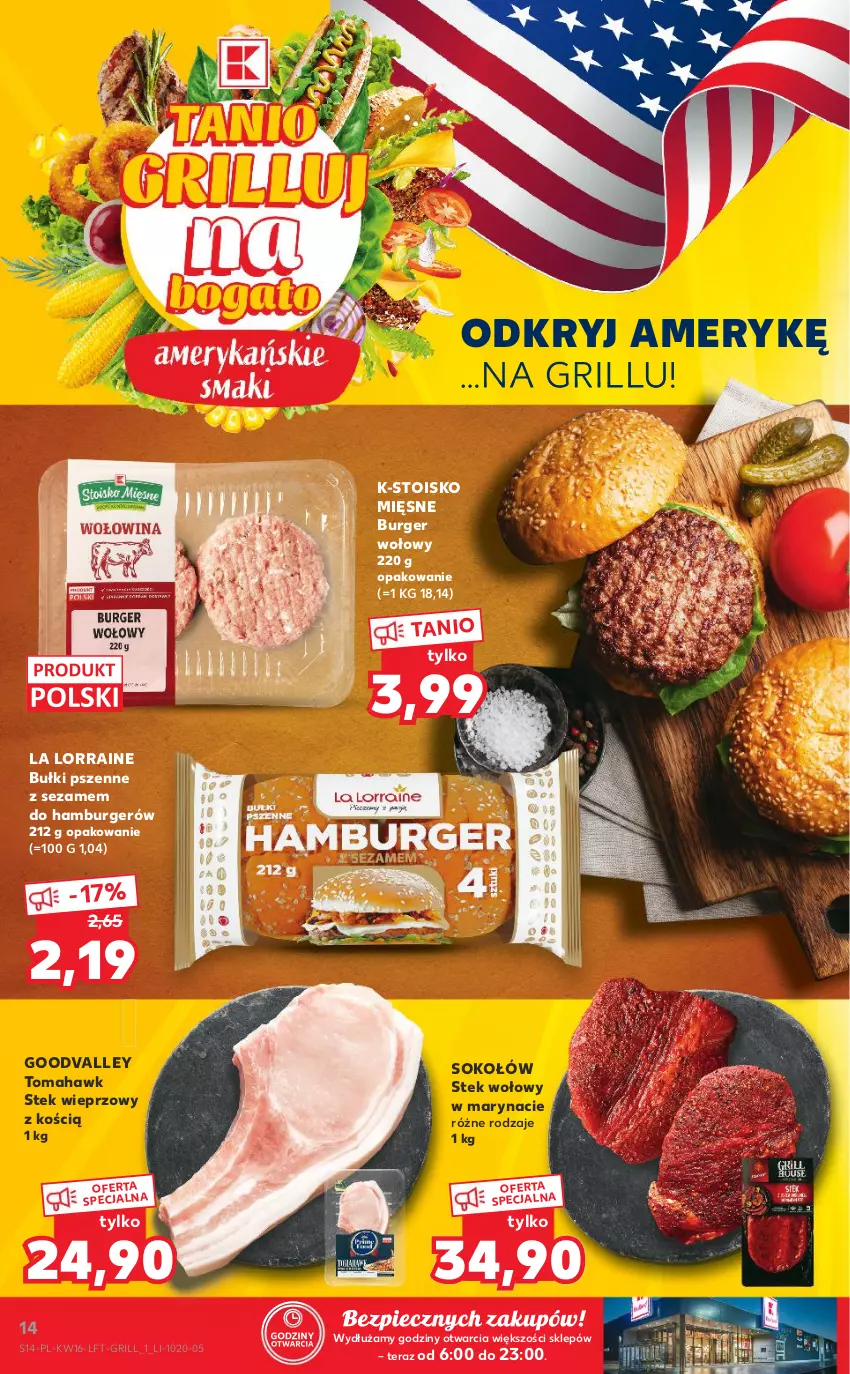 Gazetka promocyjna Kaufland - OFERTA TYGODNIA - ważna 22.04 do 27.04.2021 - strona 14 - produkty: Burger, Grill, Hamburger, Piec, Sezam, Sok, Sokołów, Stek, Stek wieprzowy, Stek wołowy, Tera