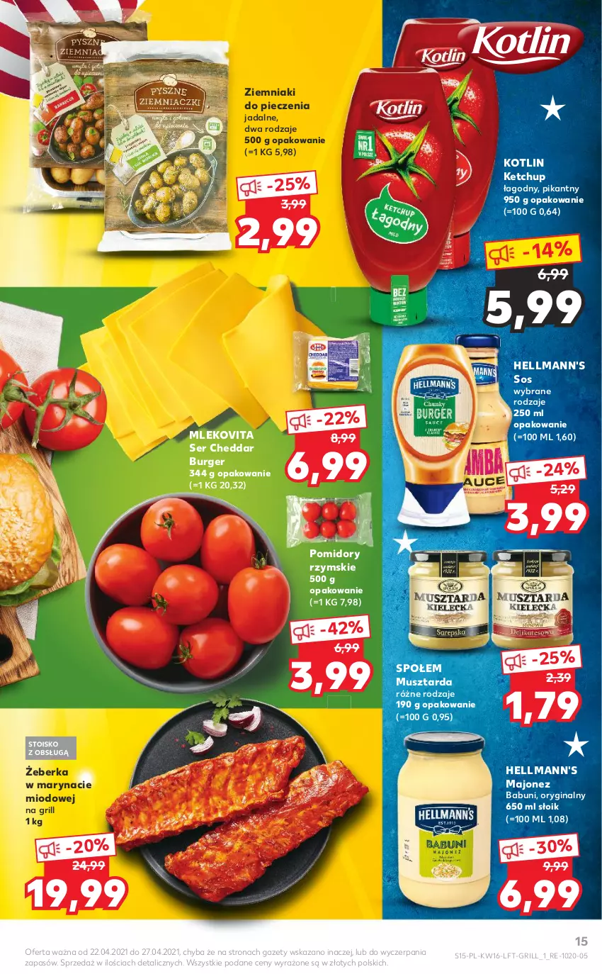 Gazetka promocyjna Kaufland - OFERTA TYGODNIA - ważna 22.04 do 27.04.2021 - strona 15 - produkty: Babuni, Burger, Cheddar, Gin, Grill, Ketchup, Kotlin, Majonez, Mleko, Mlekovita, Mus, Musztarda, Piec, Pomidory, Ser, Sos, Ziemniaki