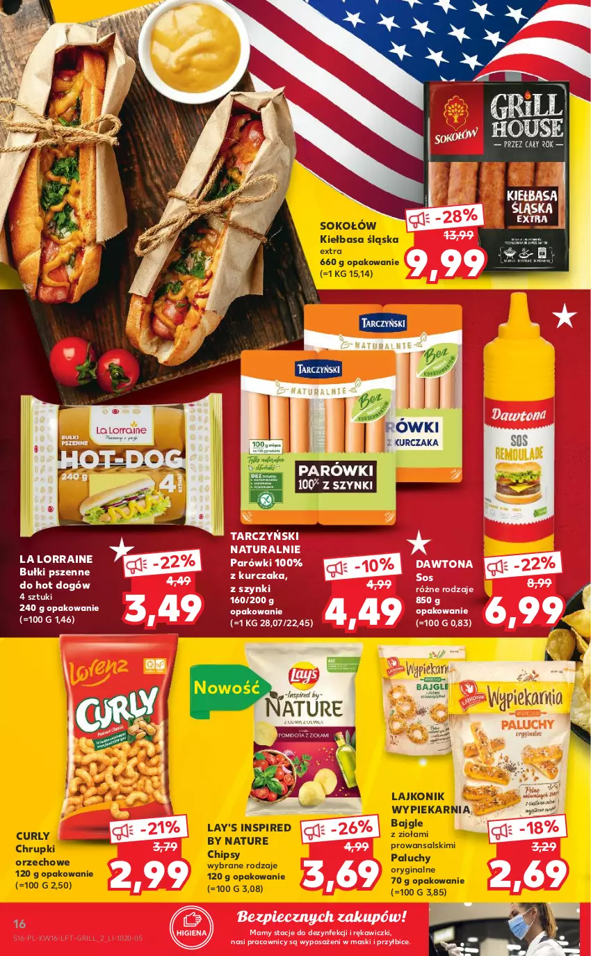 Gazetka promocyjna Kaufland - OFERTA TYGODNIA - ważna 22.04 do 27.04.2021 - strona 16 - produkty: Bajgle, BIC, Chipsy, Chrupki, Dawtona, Gin, Grill, Hot dog, Kiełbasa, Kiełbasa śląska, Kurczak, Lajkonik, Parówki, Piec, Sok, Sokołów, Sos, Tarczyński