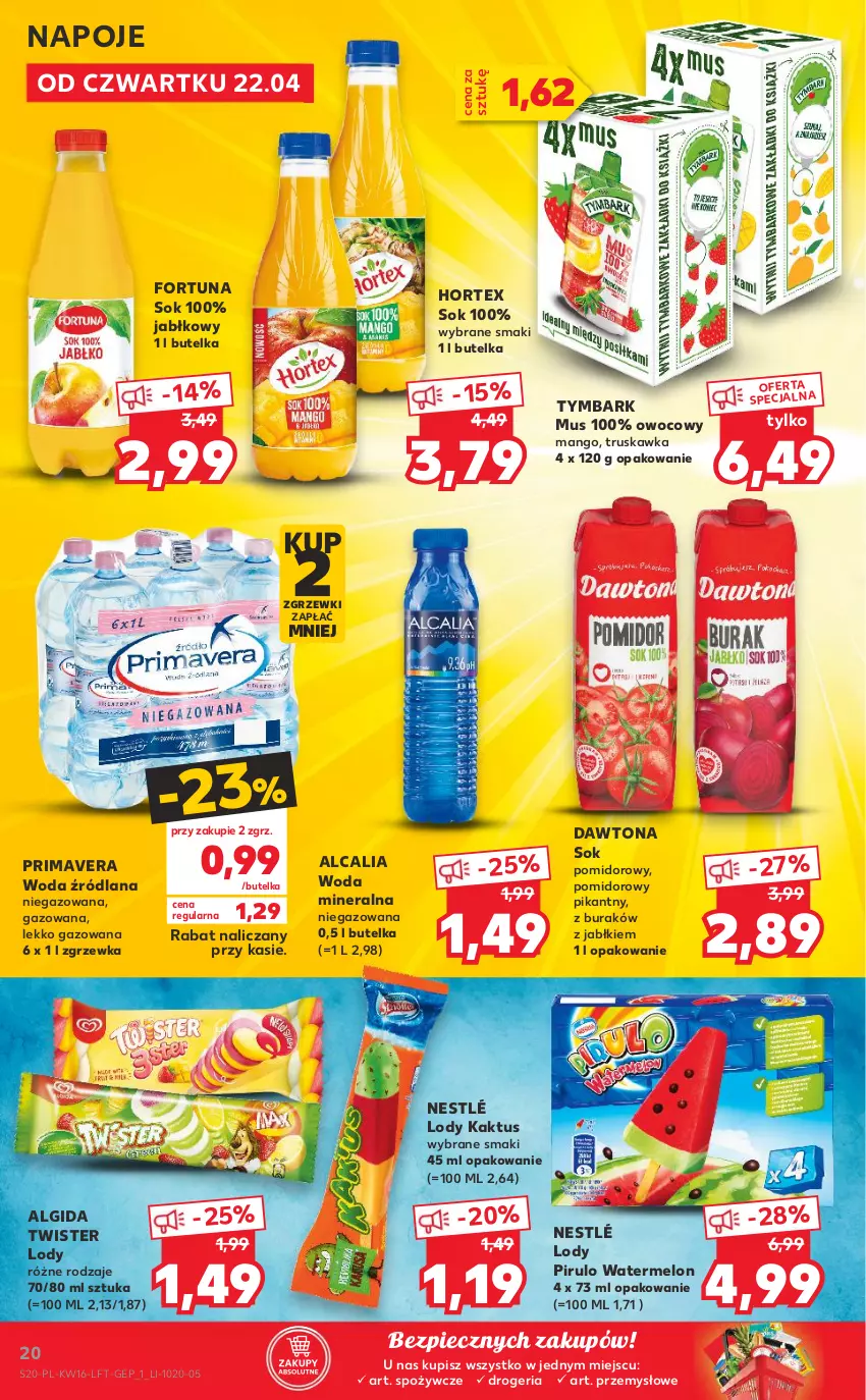 Gazetka promocyjna Kaufland - OFERTA TYGODNIA - ważna 22.04 do 27.04.2021 - strona 20 - produkty: Algida, Dawtona, Fortuna, Hortex, Kaktus, LANA, LG, Lody, Mango, Melon, Mus, Napoje, Nestlé, Piec, Prima, Primavera, Sok, Sok pomidorowy, Tymbark, Woda, Woda mineralna