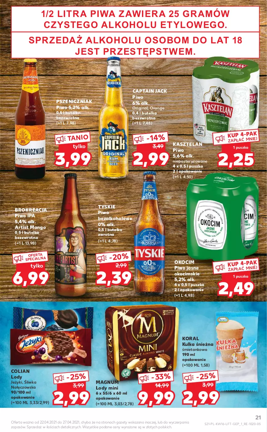 Gazetka promocyjna Kaufland - OFERTA TYGODNIA - ważna 22.04 do 27.04.2021 - strona 21 - produkty: Captain Jack, Gin, Jeżyki, Kasztelan, Koc, Lody, Mango, Okocim, Piwa, Piwo, Piwo jasne, Tyskie