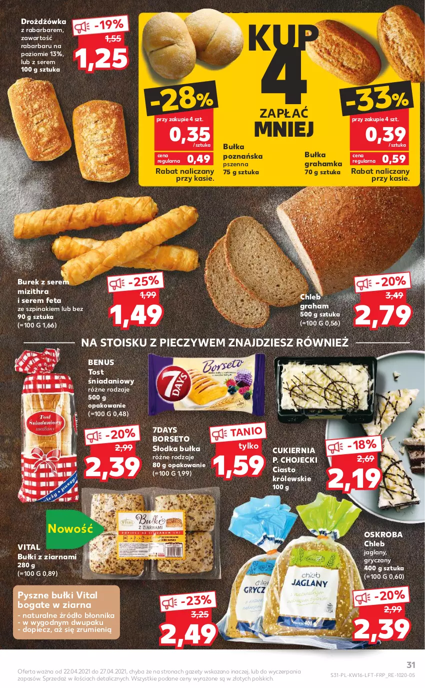 Gazetka promocyjna Kaufland - OFERTA TYGODNIA - ważna 22.04 do 27.04.2021 - strona 31 - produkty: Bułka, Bułka grahamka, Chleb, Cukier, Danio, Feta, Gra, Gry, Królewski, Piec, Pieczywo, Rum, Ser, Słodka bułka, Szpinak