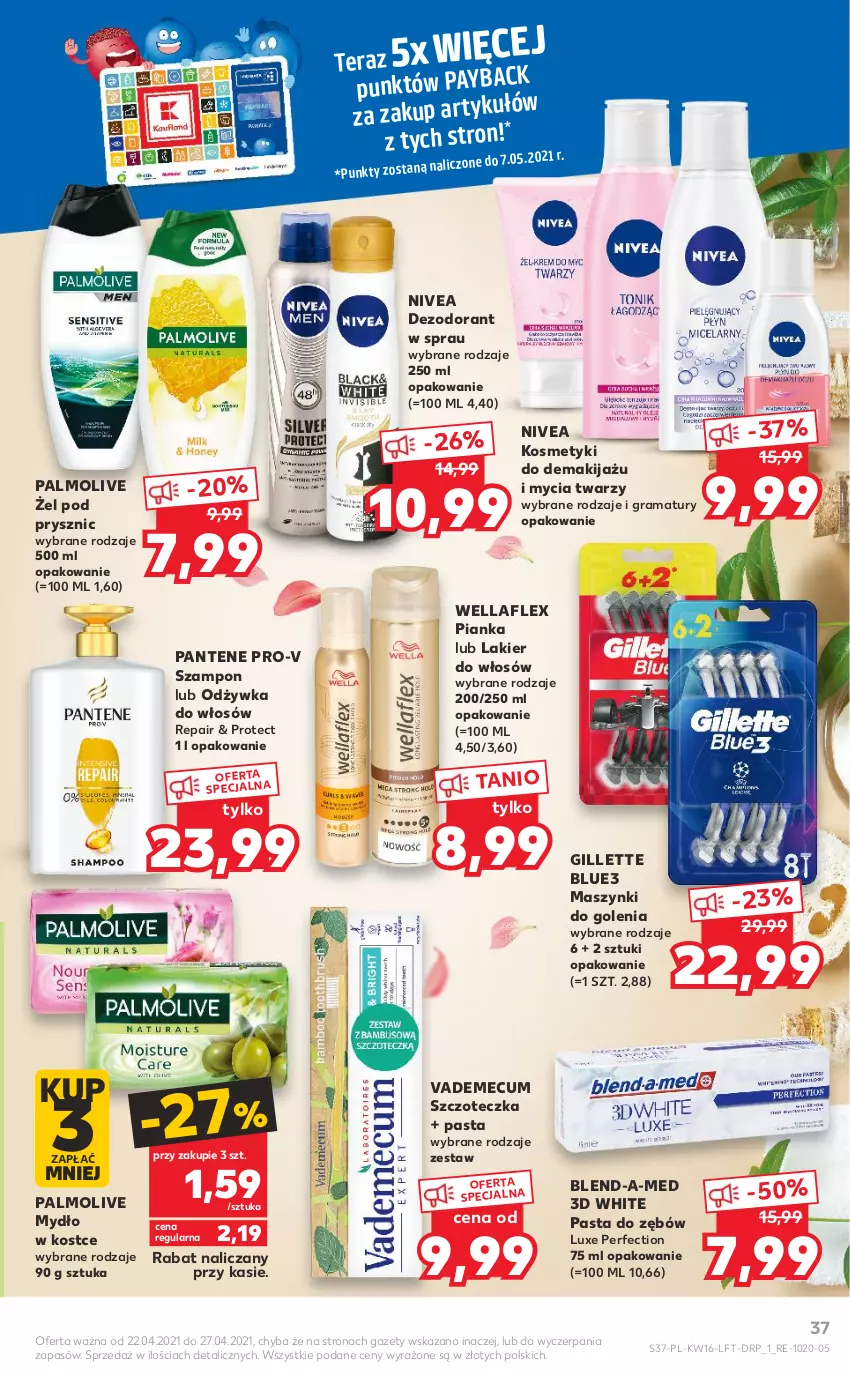 Gazetka promocyjna Kaufland - OFERTA TYGODNIA - ważna 22.04 do 27.04.2021 - strona 37 - produkty: Blend-a-Med, Dezodorant, Gillette, Gra, Lakier, Lakier do włosów, Makijaż, Mydło, Nivea, Odżywka, Palmolive, Pantene, Pasta do zębów, Rama, Szampon, Szczoteczka, Tera, Vademecum, Wella, Wellaflex