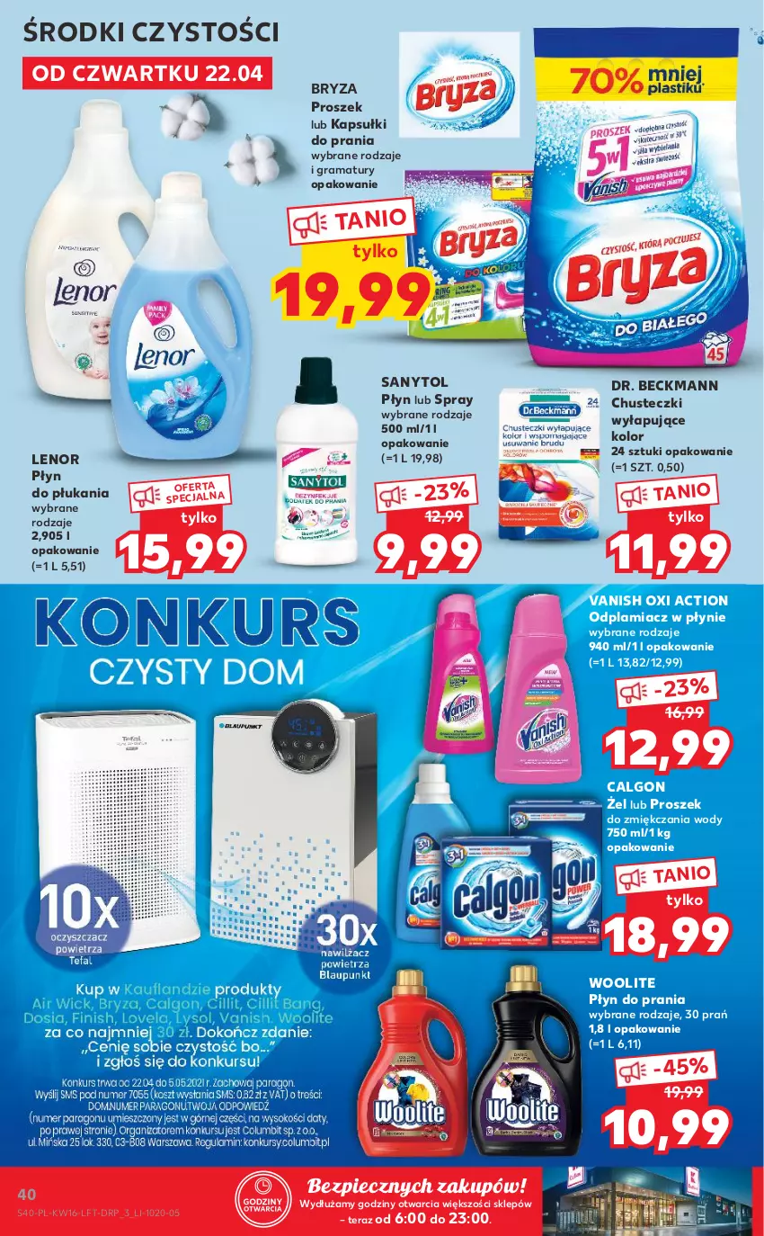 Gazetka promocyjna Kaufland - OFERTA TYGODNIA - ważna 22.04 do 27.04.2021 - strona 40 - produkty: Bryza, Calgon, Chusteczki, Gra, Kapsułki do prania, Lenor, LG, Odplamiacz, Piec, Płyn do płukania, Płyn do prania, Rama, Sanytol, Tera, Vanish, Woolite