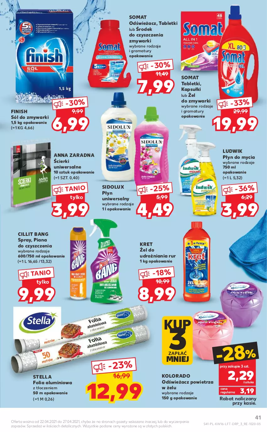 Gazetka promocyjna Kaufland - OFERTA TYGODNIA - ważna 22.04 do 27.04.2021 - strona 41 - produkty: Cillit Bang, Finish, Folia aluminiowa, Gra, Kolorado, Kret, Ludwik, Odświeżacz powietrza, Płyn do mycia, Rama, Sidolux, Sól, Somat, Tablet, Zmywarki