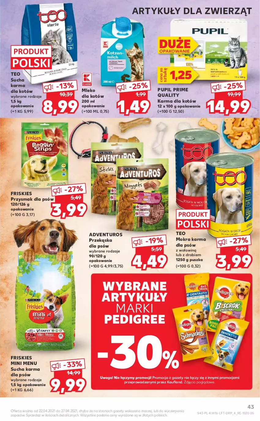 Gazetka promocyjna Kaufland - OFERTA TYGODNIA - ważna 22.04 do 27.04.2021 - strona 43 - produkty: Adventuros, Friskies, Mleko, Mleko dla kotów, Mokra karma, Pedigree, Przekąska dla psów, Sucha karma, Waga