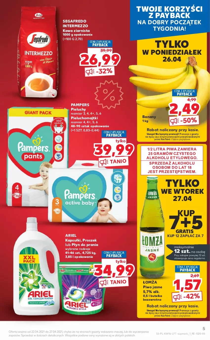 Gazetka promocyjna Kaufland - OFERTA TYGODNIA - ważna 22.04 do 27.04.2021 - strona 5 - produkty: Ariel, Banany, Gra, Kawa, Kawa ziarnista, Majtki, Pampers, Pieluchomajtki, Pieluchy, Piwa, Piwo, Piwo jasne, Płyn do prania, Segafredo, Waga