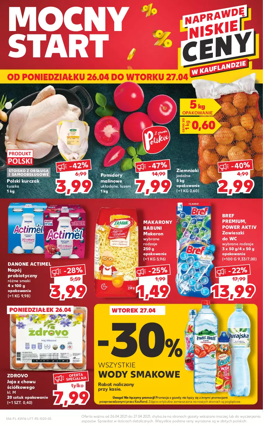 Gazetka promocyjna Kaufland - OFERTA TYGODNIA - ważna 22.04 do 27.04.2021 - strona 56 - produkty: Actimel, Babuni, Bref, Danone, Jaja, Kurczak, Makaron, Napój, Pomidory, Tusz, Waga, Zawieszki, Ziemniaki