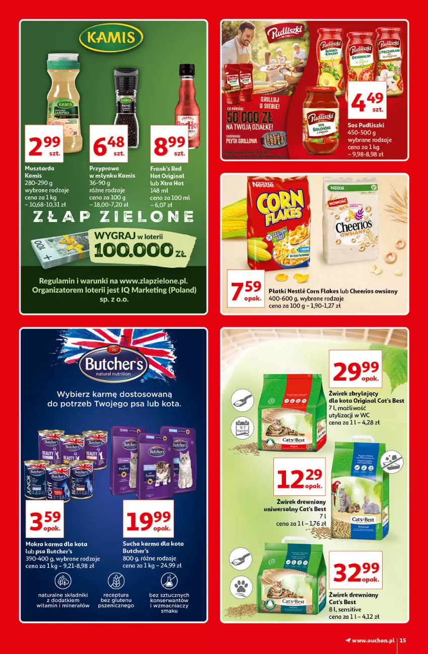 Gazetka promocyjna Auchan - Kultowe marki Hipermarkety - ważna 08.04 do 14.04.2021 - strona 15 - produkty: Butcher's, Cat's Best, Cheerios, Corn flakes, Fa, Gin, Gra, Kamis, Mokra karma, Mus, Musztarda, Ser, Sucha karma