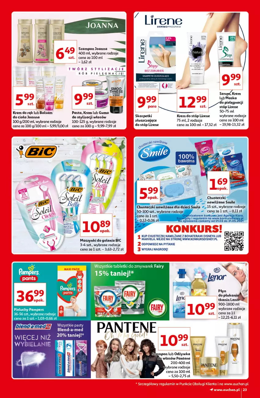 Gazetka promocyjna Auchan - Kultowe marki Hipermarkety - ważna 08.04 do 14.04.2021 - strona 23 - produkty: BIC, Blend-a-Med, Chusteczki, Disney, Fa, Gra, Joanna, Karp, Krem do rąk, Krem do stóp, Lenor, Lirene, Maska, Mop, Pampers, Pantene, Pieluchy, Rum, Ser, Serum, Skarpetki, Szampon, Tera