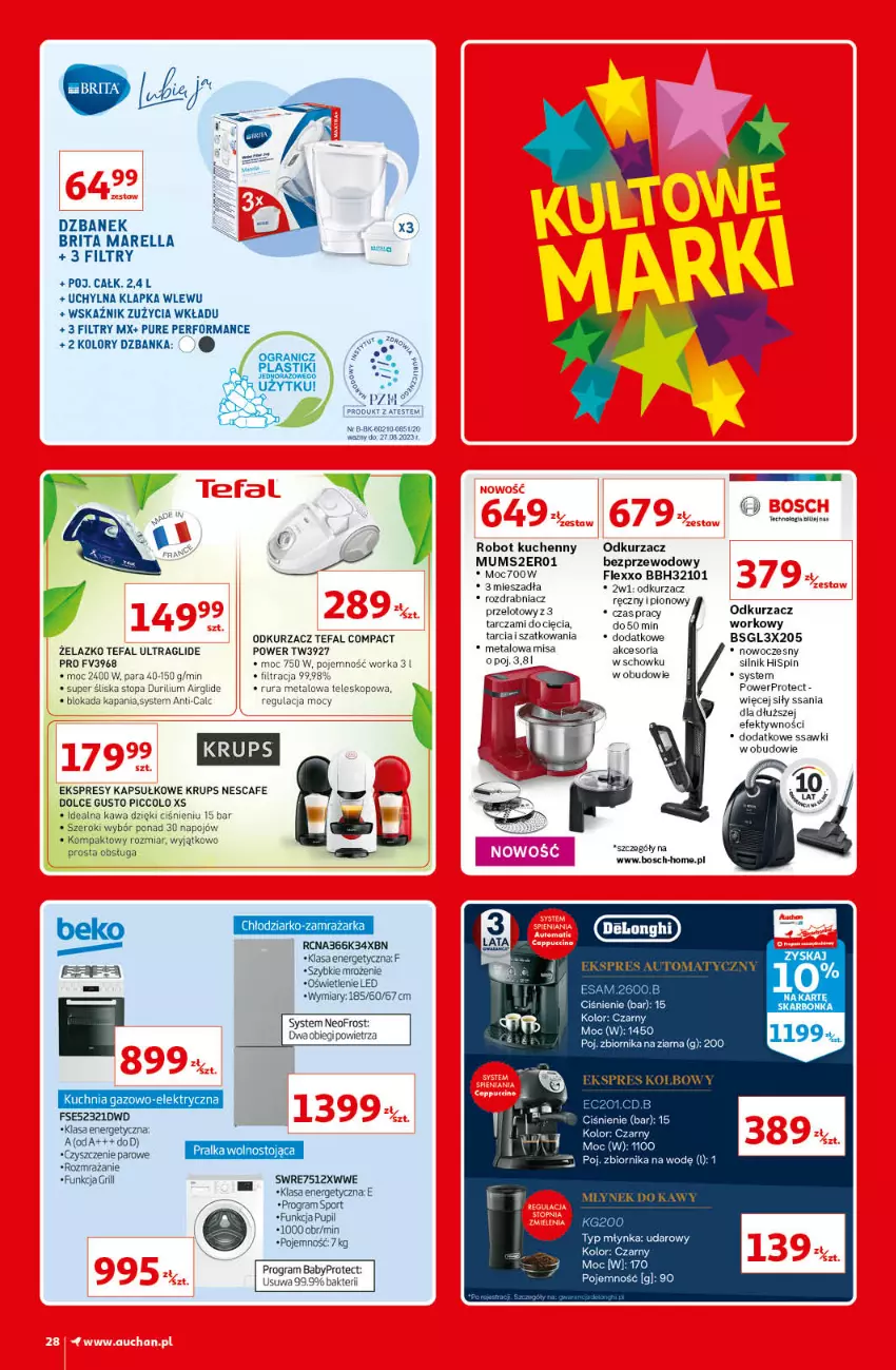 Gazetka promocyjna Auchan - Kultowe marki Hipermarkety - ważna 08.04 do 14.04.2021 - strona 28 - produkty: Beko, Bosch, Brit, Brita, Dolce Gusto, Dzbanek, Fa, Gra, Grill, Kawa, Krups, Kuchnia, Kuchnia gazowo-elektryczna, LG, Młynek, Młynek do kawy, Odkurzacz, Odkurzacz bezprzewodowy, Orka, Por, Pur, Robot, Rozdrabniacz, Rura, Sport, Tefal, Teleskop, Top, Zamrażarka