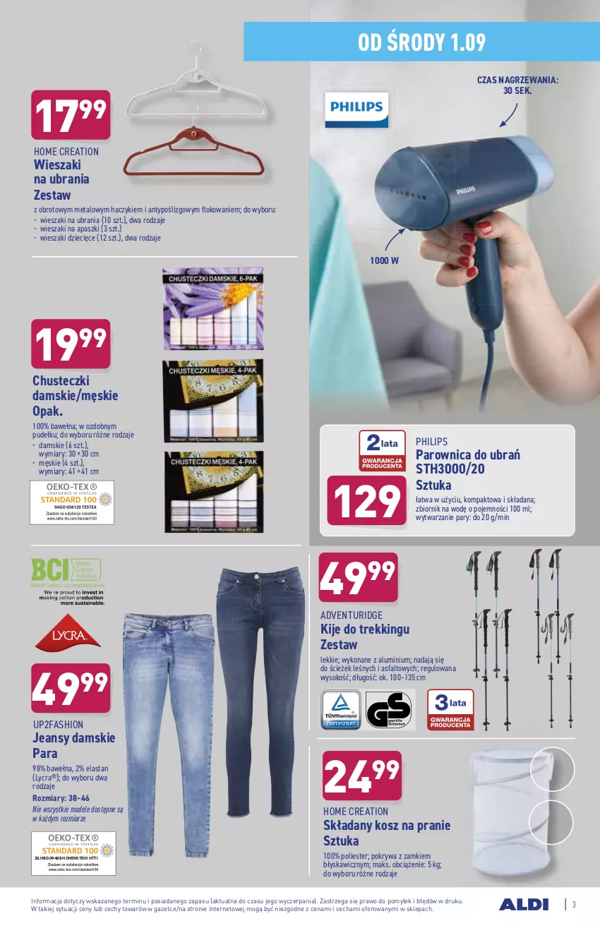 Gazetka promocyjna Aldi - ważna 01.09 do 04.09.2021 - strona 3 - produkty: Chusteczki, Dzieci, Fa, Haczyk, Kije, Kosz, Parownica, Philips, Pokrywa, Sok, Ubrania, Wełna, Wieszak