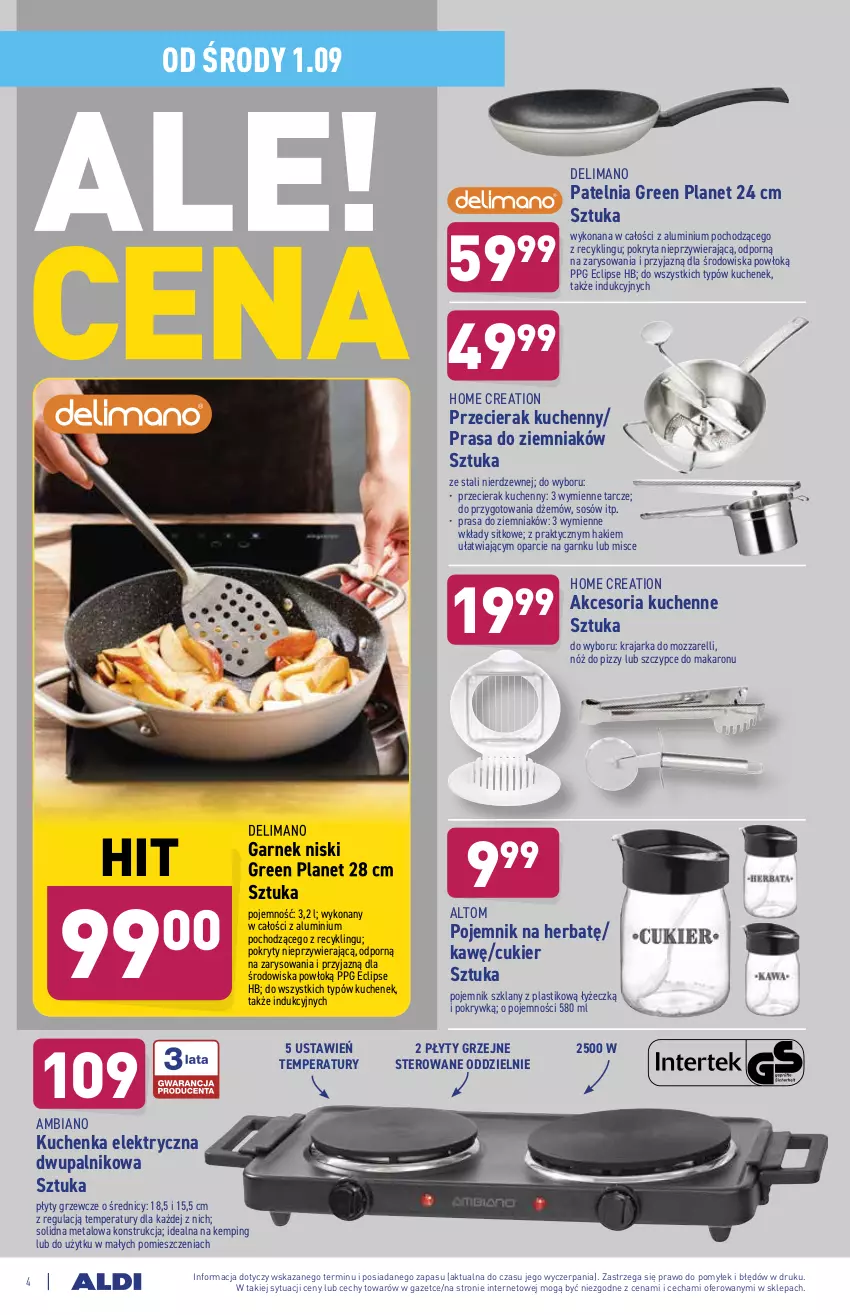 Gazetka promocyjna Aldi - ważna 01.09 do 04.09.2021 - strona 4 - produkty: Cukier, Dżem, Garnek, Makaron, Patelnia, Płyty grzejne, Pojemnik, Pojemnik szklany, Por, Sitko, Sos, Szczypce