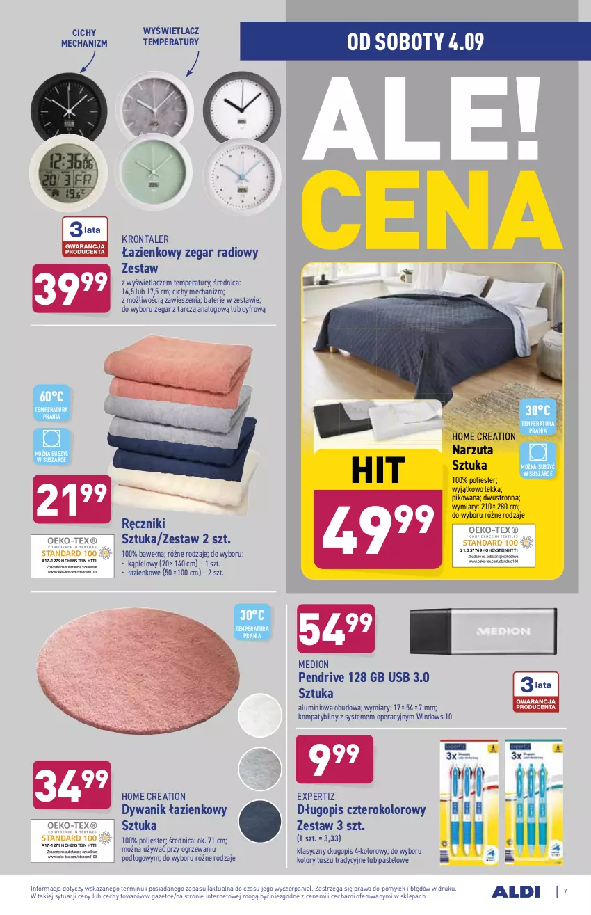 Gazetka promocyjna Aldi - ważna 01.09 do 04.09.2021 - strona 7 - produkty: Długopis, Dywan, Dywanik, Dywanik łazienkowy, Narzuta, Pendrive, Ręcznik, Tusz, Wełna, Zegar