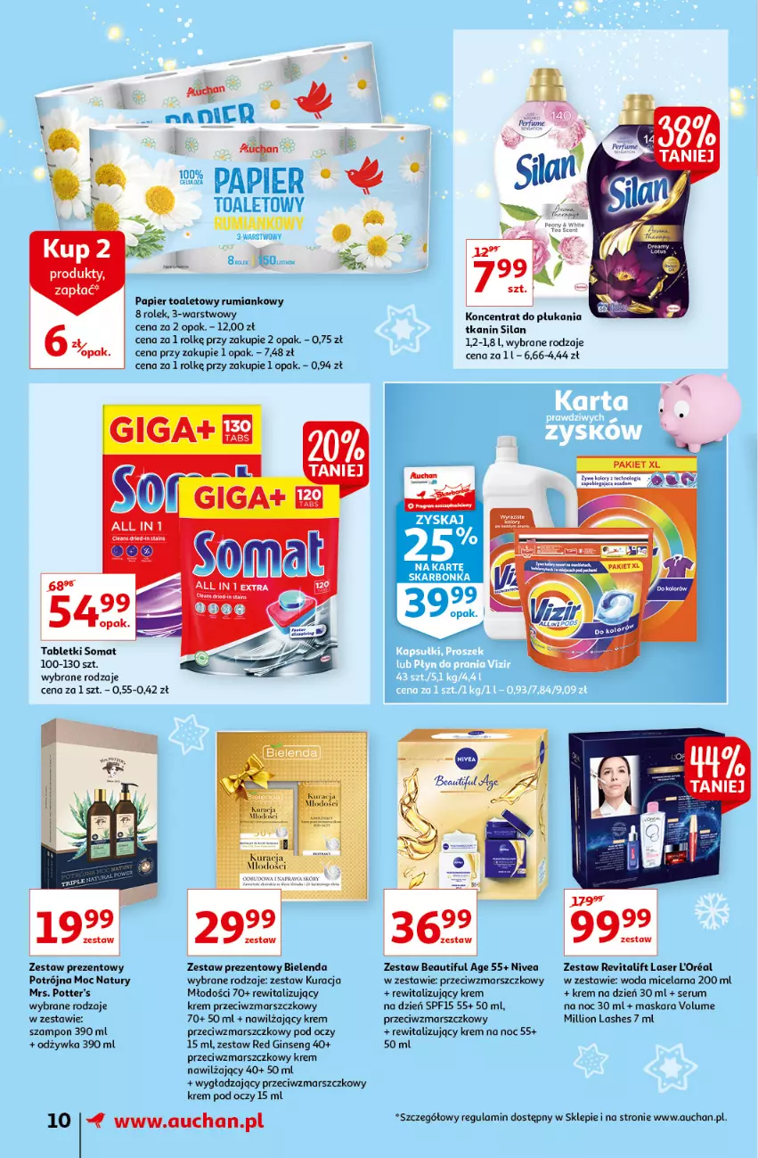 Gazetka promocyjna Auchan - Magia Świąt Supermarkety - ważna 09.12 do 15.12.2021 - strona 10 - produkty: Bielenda, Gin, Krem na dzień, Krem na noc, Krem nawilżający, Krem pod oczy, Krem przeciwzmarszczkowy, Lion, Mars, Maska, Maskara, Nivea, Odżywka, Papier, Papier toaletowy, Rum, Ser, Serum, Silan, Somat, Szampon, Tablet, Woda, Woda micelarna, Zestaw prezentowy