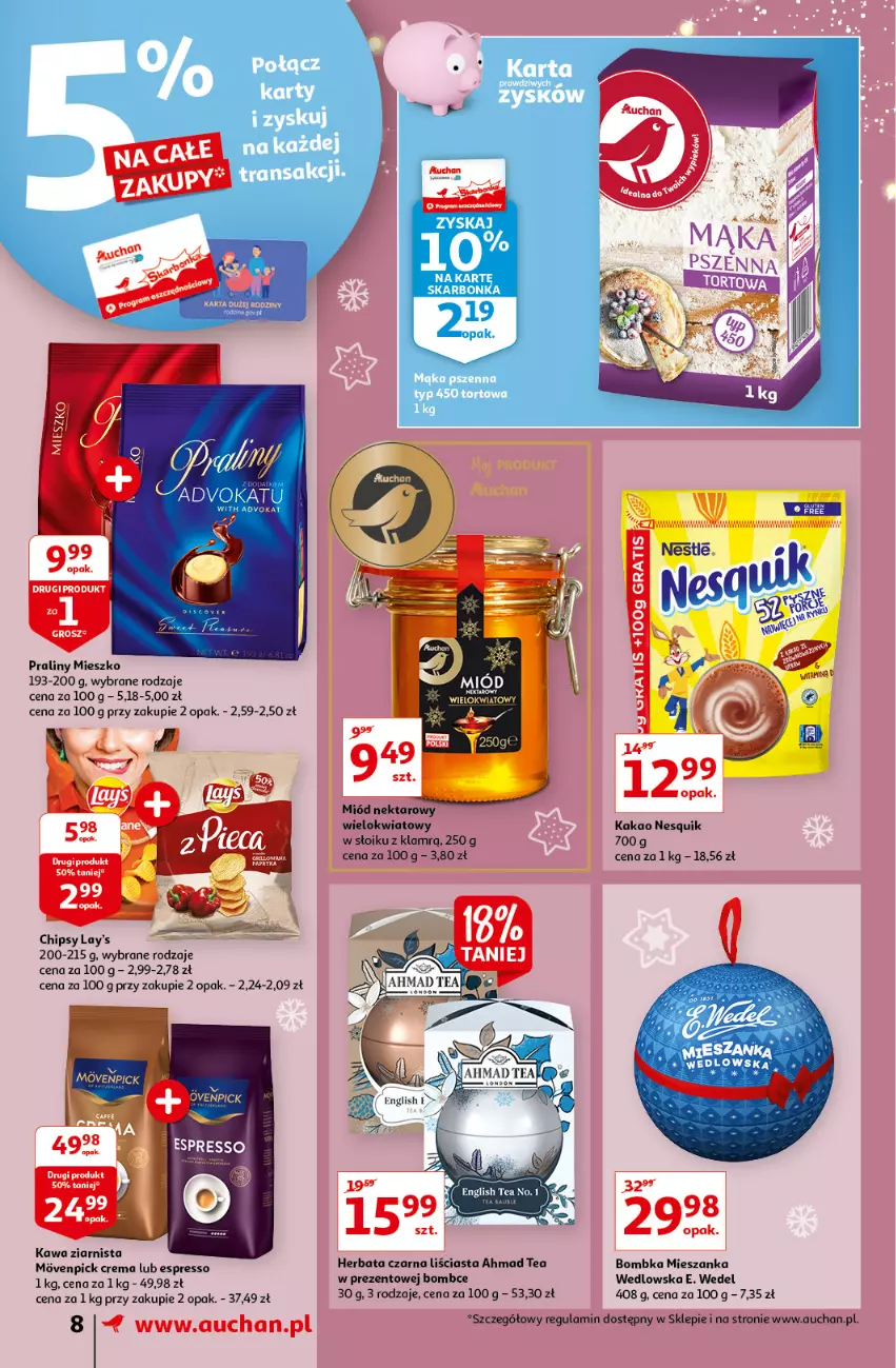 Gazetka promocyjna Auchan - Magia Świąt Supermarkety - ważna 09.12 do 15.12.2021 - strona 8 - produkty: Chipsy, E. Wedel, Herbata, Herbata czarna, Kakao, Kawa, Kawa ziarnista, Mieszanka wedlowska, Miód, Nektar, Nesquik, Praliny