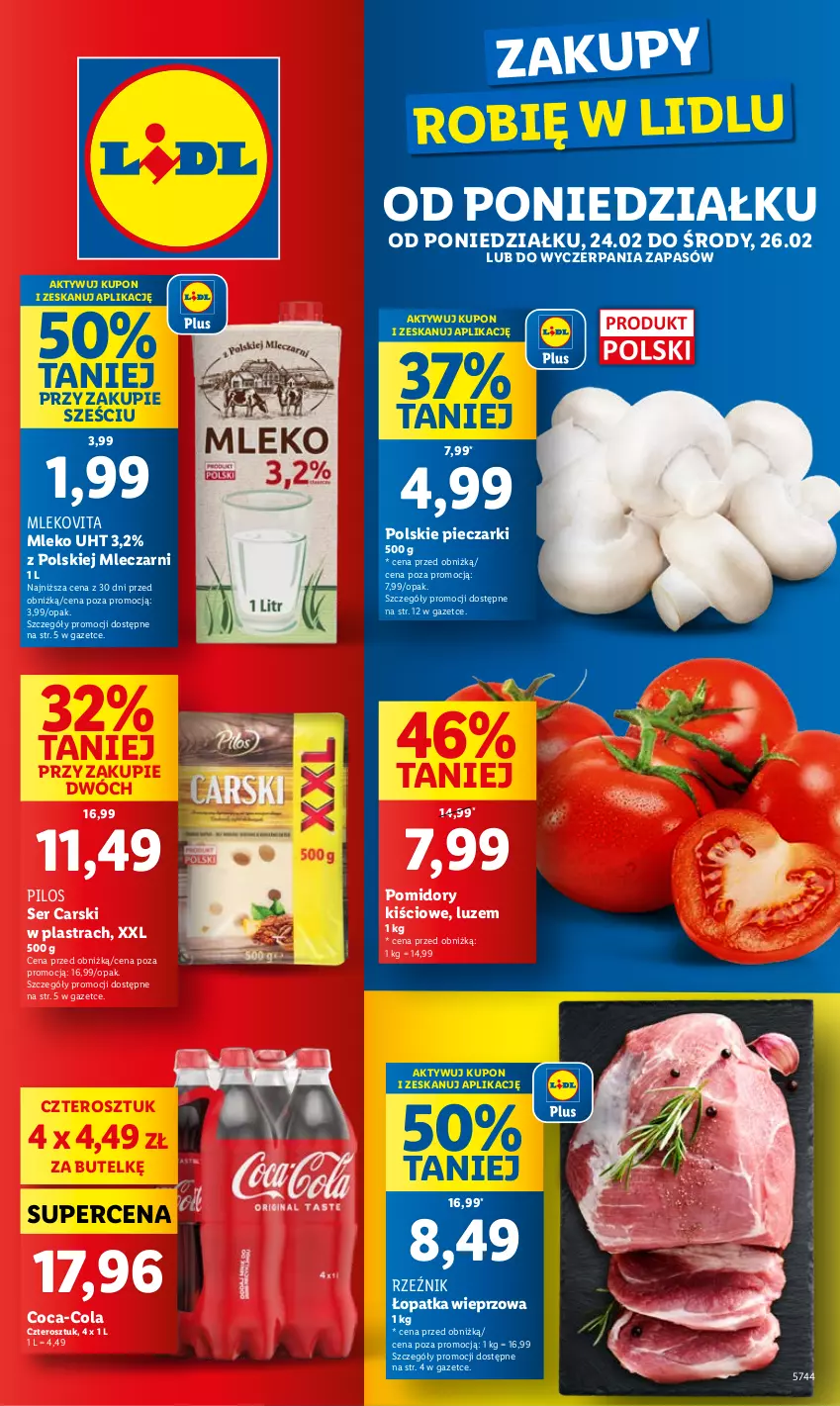 Gazetka promocyjna Lidl - GAZETKA - ważna 24.02 do 26.02.2025 - strona 1 - produkty: Cars, Coca-Cola, Mleko, Mlekovita, Piec, Pilos, Pomidory, Ser