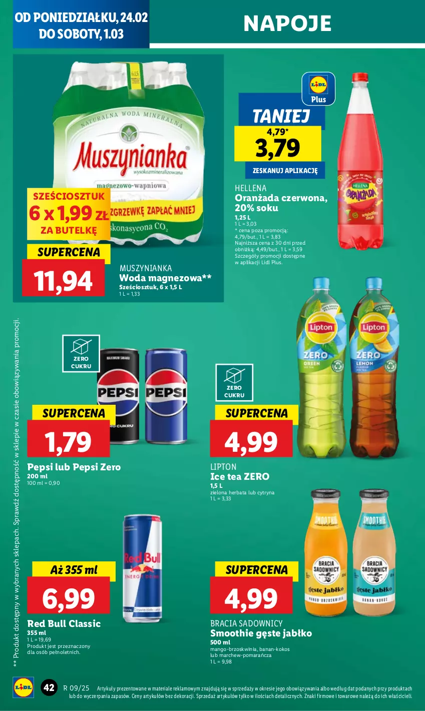 Gazetka promocyjna Lidl - GAZETKA - ważna 24.02 do 26.02.2025 - strona 46 - produkty: Hellena, Herbata, Ice tea, Kokos, Lipton, Magnez, Mango, Mus, Muszynianka, Napoje, Oranżada, Pepsi, Red Bull, Smoothie, Sok, Woda