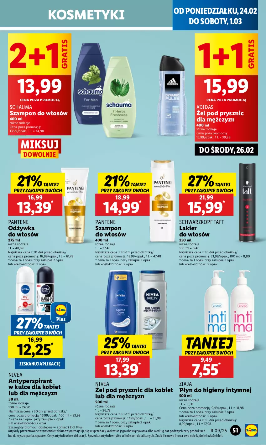 Gazetka promocyjna Lidl - GAZETKA - ważna 24.02 do 26.02.2025 - strona 55 - produkty: Adidas, Antyperspirant, Gra, Lakier, Lakier do włosów, Nivea, Odżywka, Pantene, Płyn do higieny intymnej, Schauma, Schwarzkopf, Szampon, Taft, Ziaja