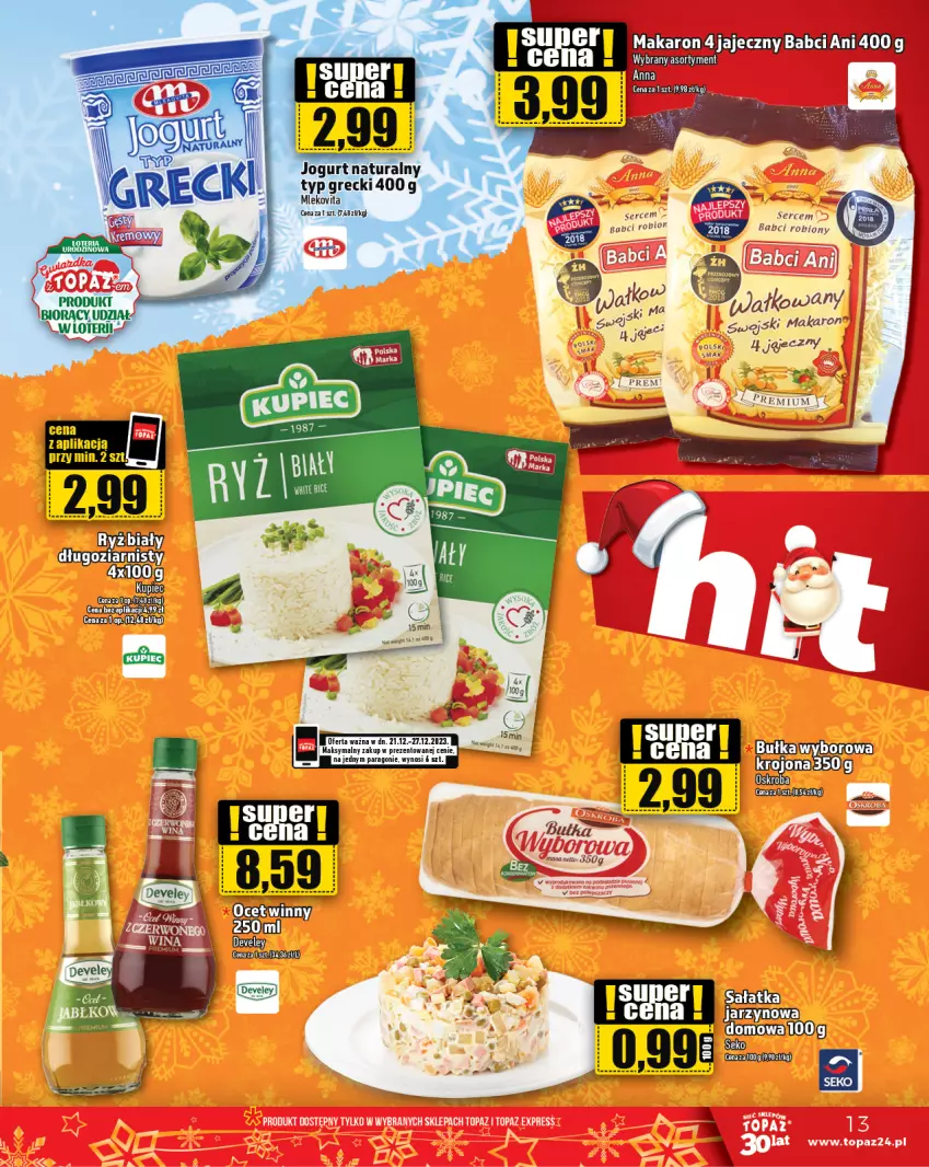 Gazetka promocyjna Topaz - Gazetka - ważna 21.12 do 27.12.2023 - strona 13 - produkty: Jogurt, Jogurt naturalny, Makaron, Mleko, Mlekovita, Sałat, Sałatka, SEKO, Ser