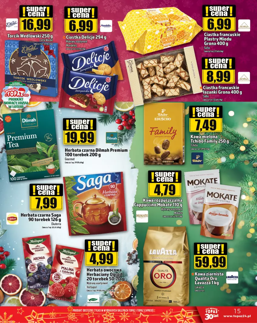 Gazetka promocyjna Topaz - Gazetka - ważna 21.12 do 27.12.2023 - strona 15 - produkty: Cappuccino, Ciastka, Dilmah, Fa, Herbapol, Herbata, Herbata czarna, Herbata owocowa, Inka, Kawa, Kawa ziarnista, Lavazza, Ogród, Tchibo, Top