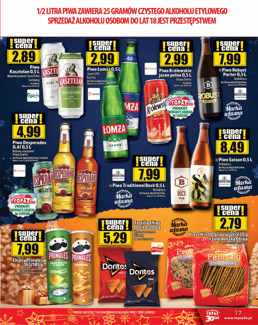 Gazetka promocyjna Topaz - Gazetka - ważna 21.12 do 27.12.2023 - strona 17 - produkty: Carlsberg, Chipsy, Desperados, Fa, Gra, Kasztelan, Królewski, Piwa, Piwo, Por, Pringles, Roleta, Top