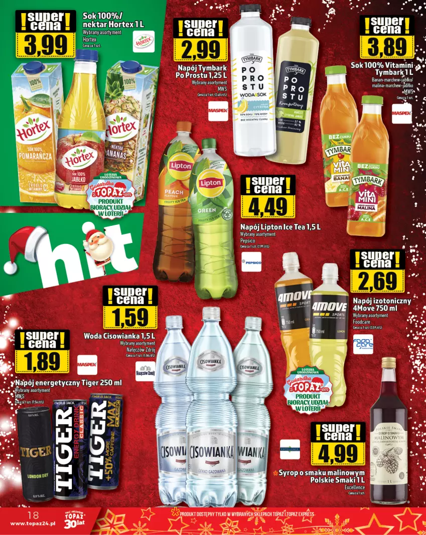 Gazetka promocyjna Topaz - Gazetka - ważna 21.12 do 27.12.2023 - strona 18 - produkty: Cisowianka, Hortex, Ice tea, Lipton, Napój, Nektar, Syrop, Tiger, Top, Tymbark, Woda