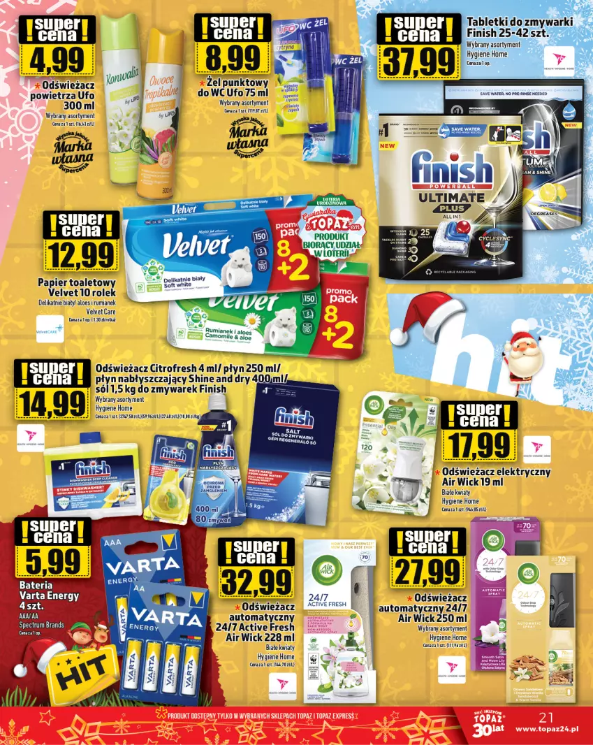 Gazetka promocyjna Topaz - Gazetka - ważna 21.12 do 27.12.2023 - strona 21 - produkty: Air Wick, Finish, Papier, Papier toaletowy, Płyn nabłyszczający, Rum, Sól, Velvet