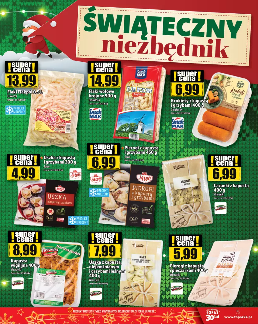 Gazetka promocyjna Topaz - Gazetka - ważna 21.12 do 27.12.2023 - strona 5 - produkty: Flaki, Flaki wołowe, Kapustą, Piec, Pieczarka, Pierogi, Top