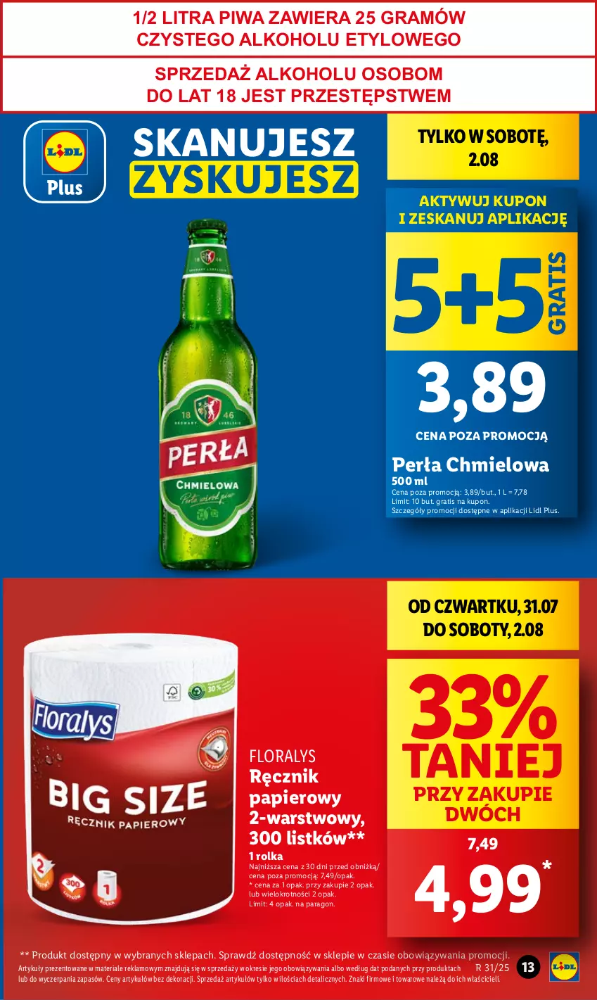 Gazetka promocyjna Lidl - GAZETKA - ważna 31.07 do 02.08.2025 - strona 13 - produkty: Flora, Gra, Papier, Perła, Piwa, Ręcznik