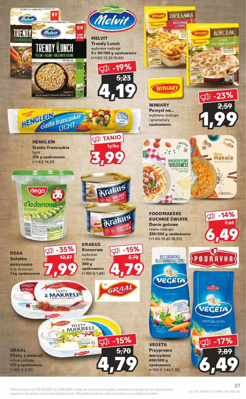 Gazetka promocyjna Kaufland - OFERTA TYGODNIA - ważna 24.02 do 02.03.2022 - strona 27 - produkty: Ciasto francuskie, Danie gotowe, Dega, Gra, Graal, Krakus, Melvit, Rama, Sałat, Sałatka, Ser, Vegeta, Winiary