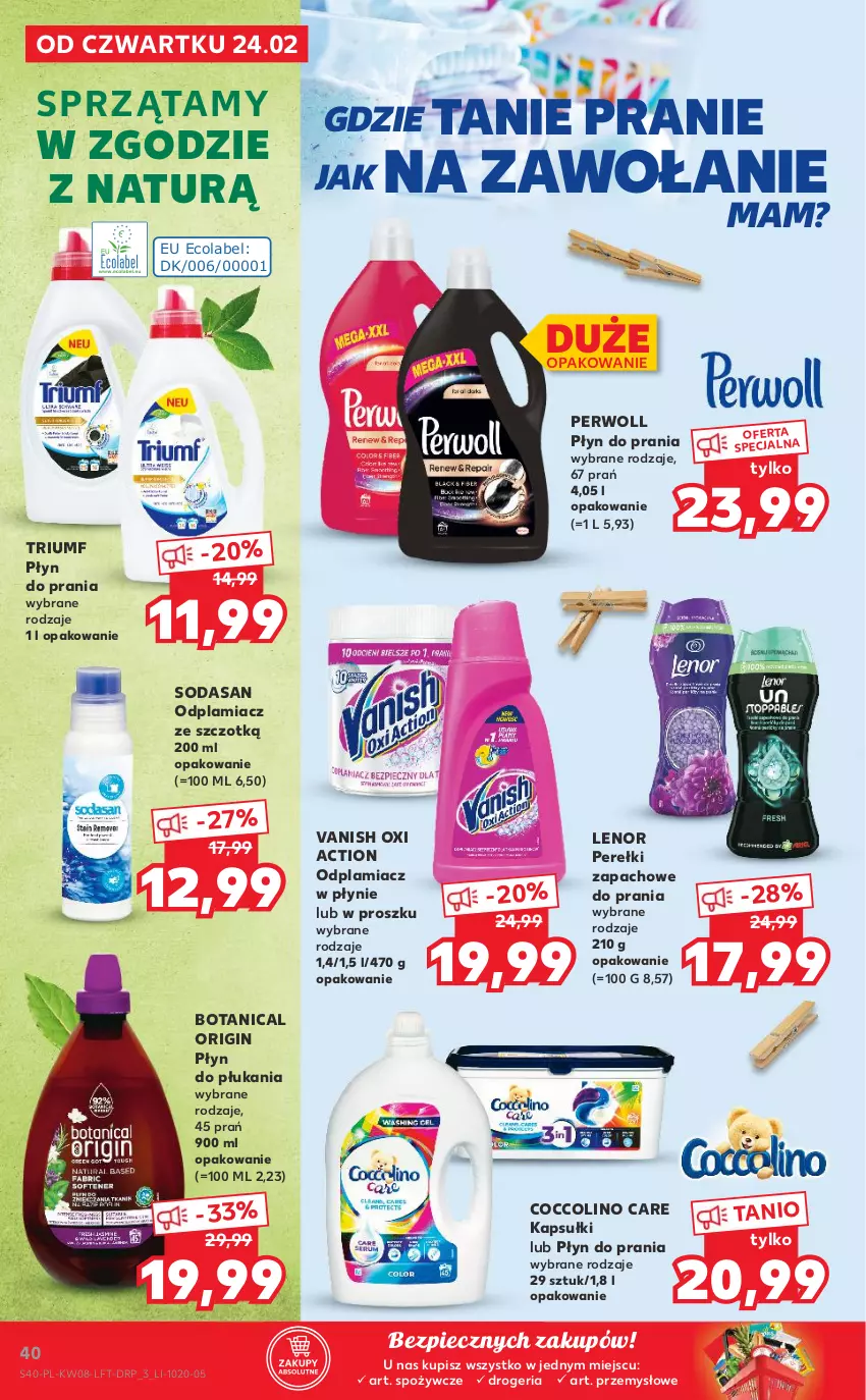 Gazetka promocyjna Kaufland - OFERTA TYGODNIA - ważna 24.02 do 02.03.2022 - strona 40 - produkty: Coccolino, Gin, Lenor, Odplamiacz, Perełki zapachowe, Perwoll, Piec, Płyn do płukania, Płyn do prania, Vanish