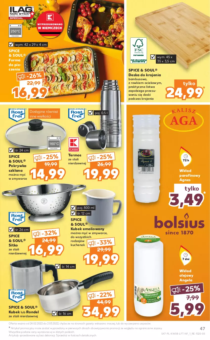 Gazetka promocyjna Kaufland - OFERTA TYGODNIA - ważna 24.02 do 02.03.2022 - strona 47 - produkty: Deska do krojenia, Forma do pieczenia, Gra, Kubek, LANA, Listwa, Olej, Piec, Pokrywka szklana, Rondel, Sitko, Termos, Wkład olejowy