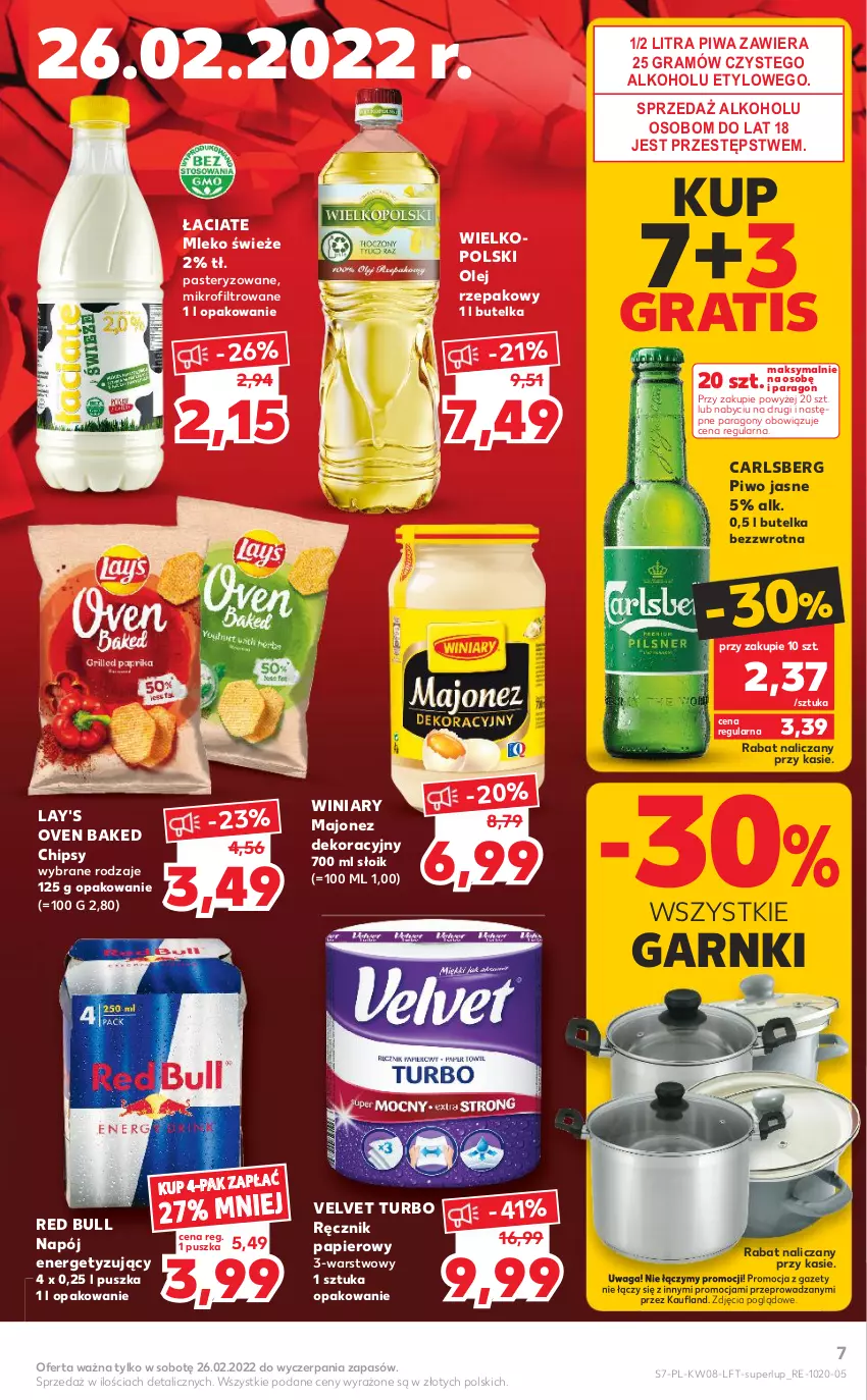 Gazetka promocyjna Kaufland - OFERTA TYGODNIA - ważna 24.02 do 02.03.2022 - strona 7 - produkty: Carlsberg, Chipsy, Gra, Majonez, Mleko, Napój, Olej, Olej rzepakowy, Papier, Piwa, Piwo, Piwo jasne, Ręcznik, Red Bull, Velvet, Waga, Winiary