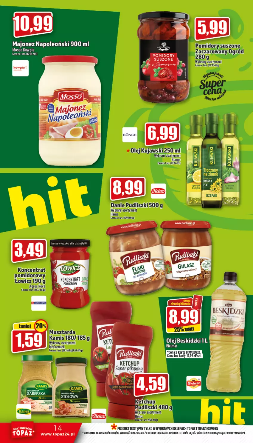 Gazetka promocyjna Topaz - Gazetka - ważna 27.10 do 02.11.2022 - strona 14 - produkty: Heinz, Ketchup, Koc, Koncentrat pomidorowy, Majonez, Mus, Musztarda, Ogród, Oleo, Pomidory, Pudliszki, Sok, Top