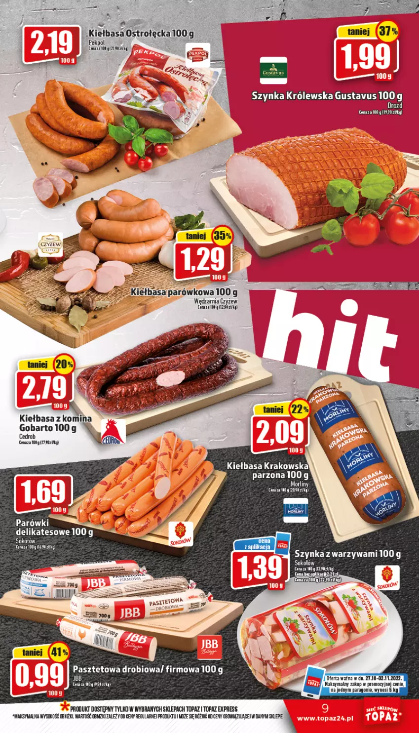 Gazetka promocyjna Topaz - Gazetka - ważna 27.10 do 02.11.2022 - strona 9 - produkty: Kiełbasa, Kiełbasa krakowska, Parówki, Pasztet, Pekpol, Sejf, Sok, Sokołów, Szynka, Top, Warzywa