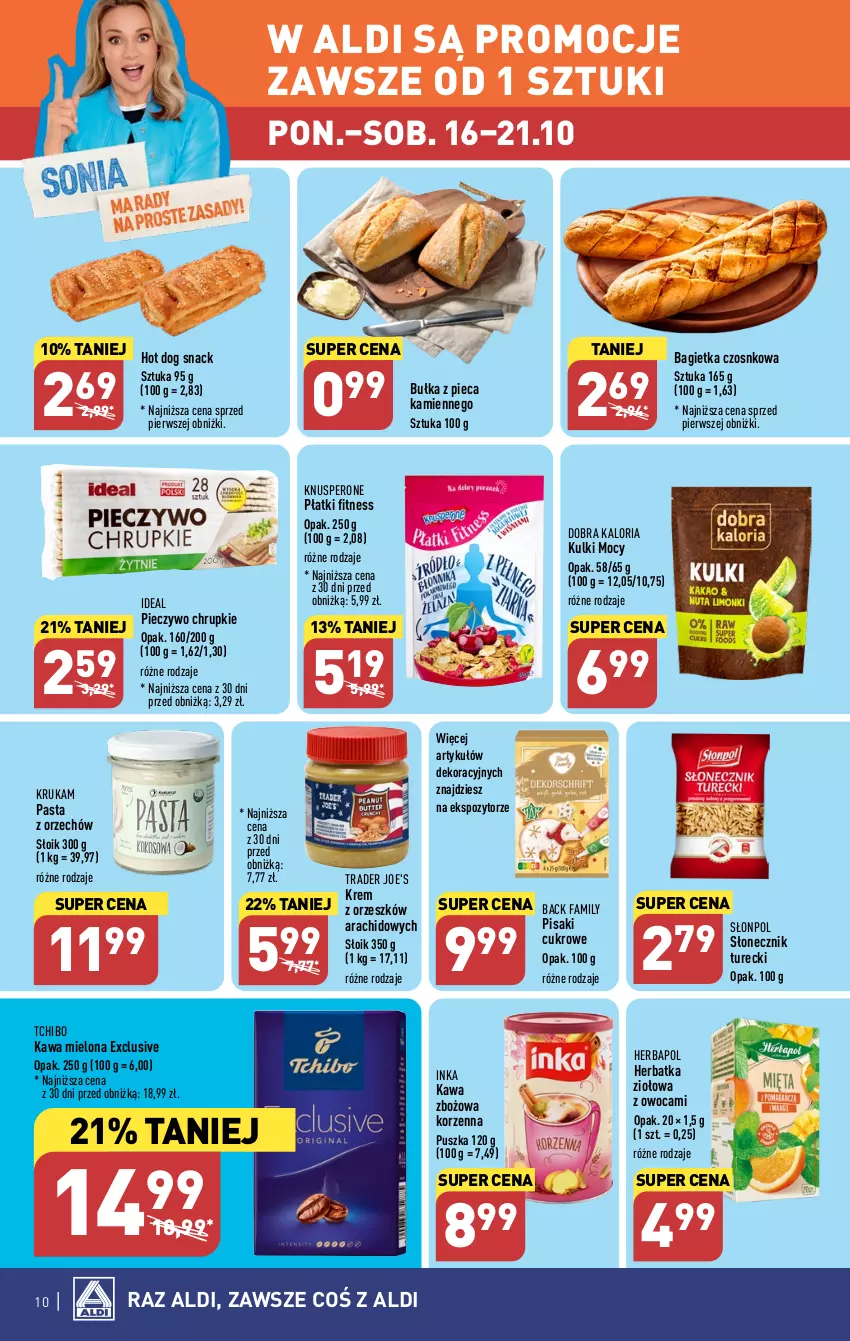 Gazetka promocyjna Aldi - Pełna oferta - ważna 16.10 do 21.10.2023 - strona 10 - produkty: Bagietka, Bagietka czosnkowa, Bułka, Chrupki, Fa, Herbapol, Hot dog, Hot dog snack, Inka, Kawa, Kawa mielona, Kawa zbożowa, Piec, Pieczywo, Pieczywo chrupkie, Słonecznik turecki, Słonpol, Tchibo