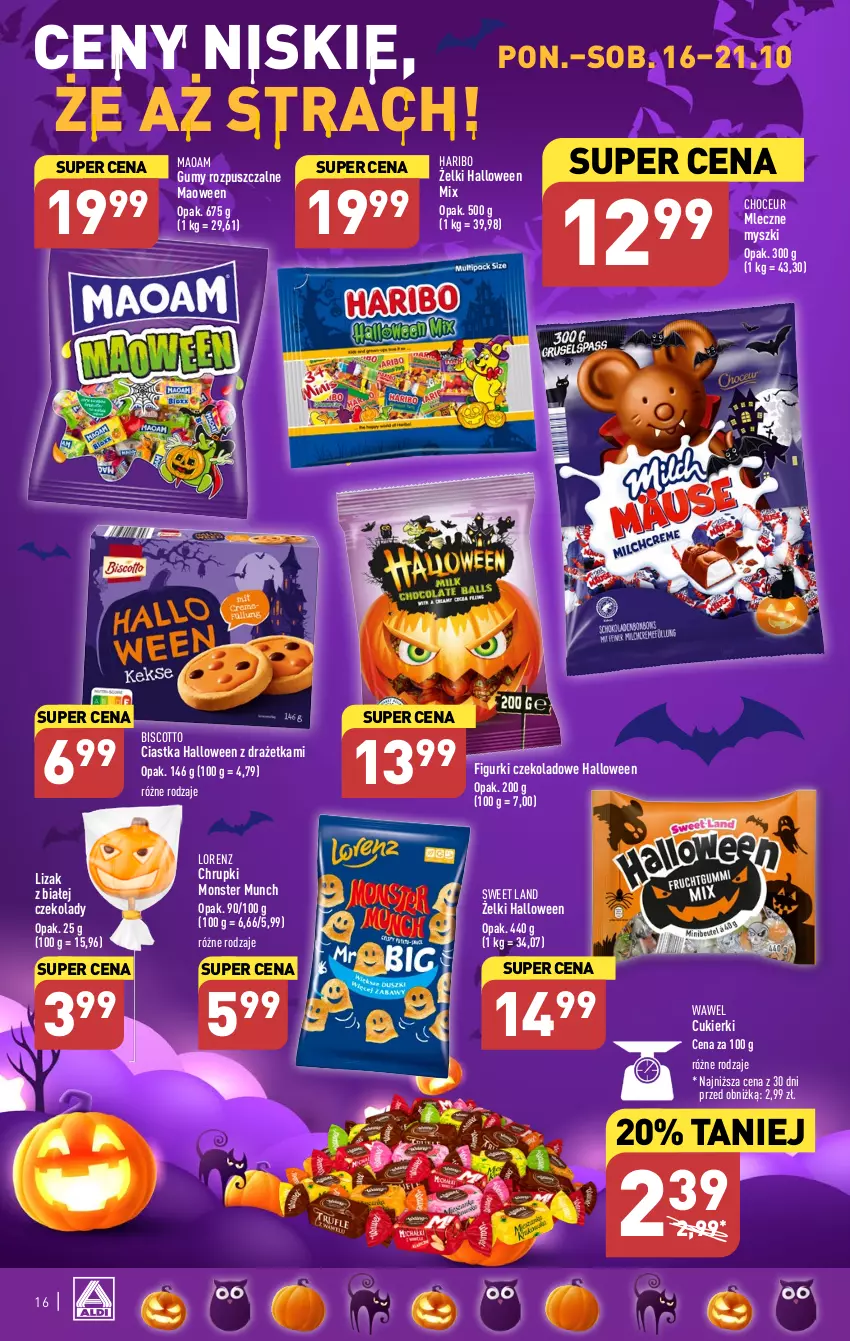 Gazetka promocyjna Aldi - Pełna oferta - ważna 16.10 do 21.10.2023 - strona 16 - produkty: Chrupki, Ciastka, Cukier, Cukierki, Haribo, Lorenz, Monster Munch, Mysz, Wawel