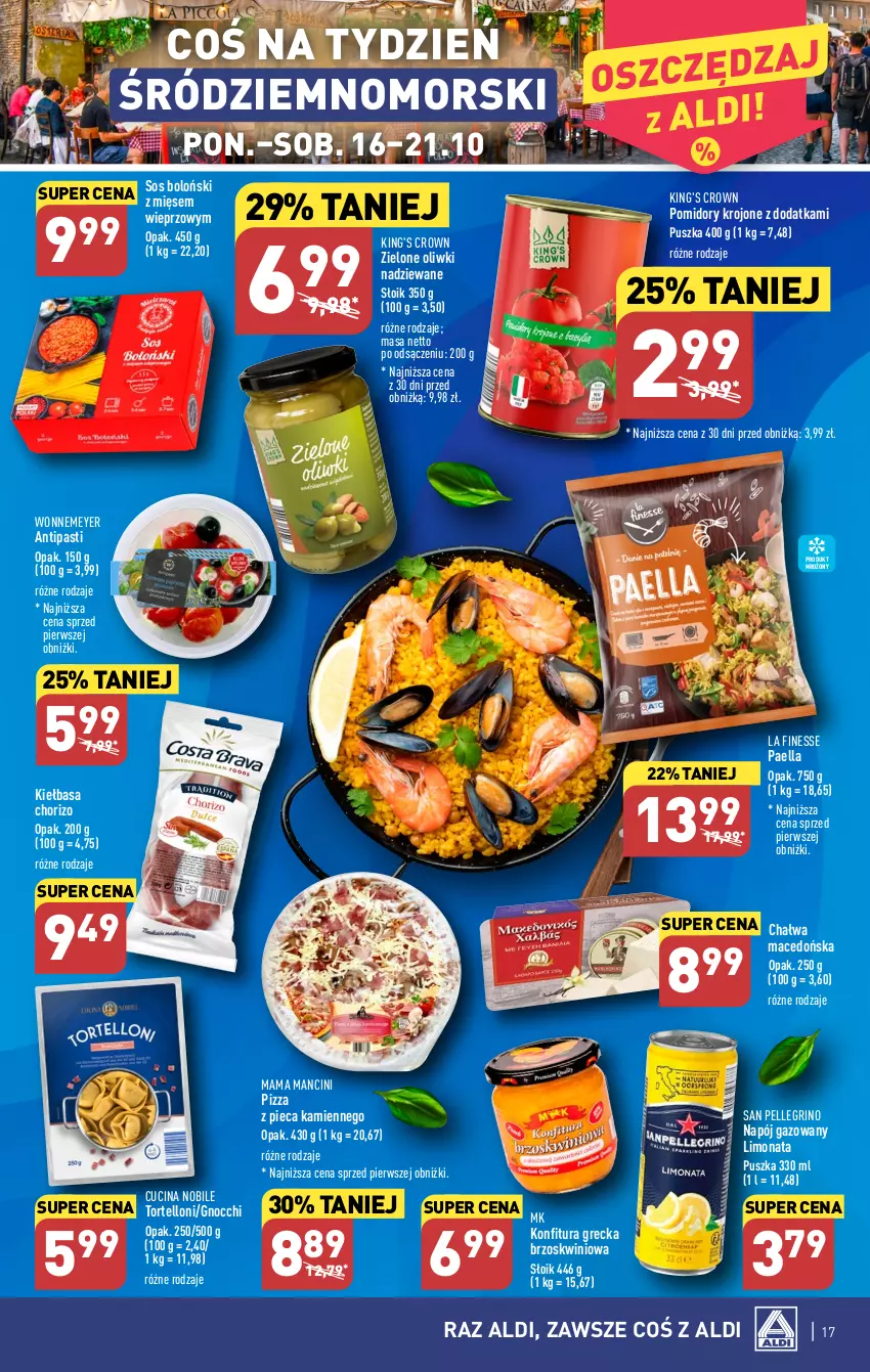 Gazetka promocyjna Aldi - Pełna oferta - ważna 16.10 do 21.10.2023 - strona 17 - produkty: Chałwa, Gnocchi, Kiełbasa, Konfitura, Napój, Napój gazowany, Oliwki, Piec, Pizza, Pizza z pieca kamiennego, Pomidory, Pomidory krojone, Sos, Tortelloni