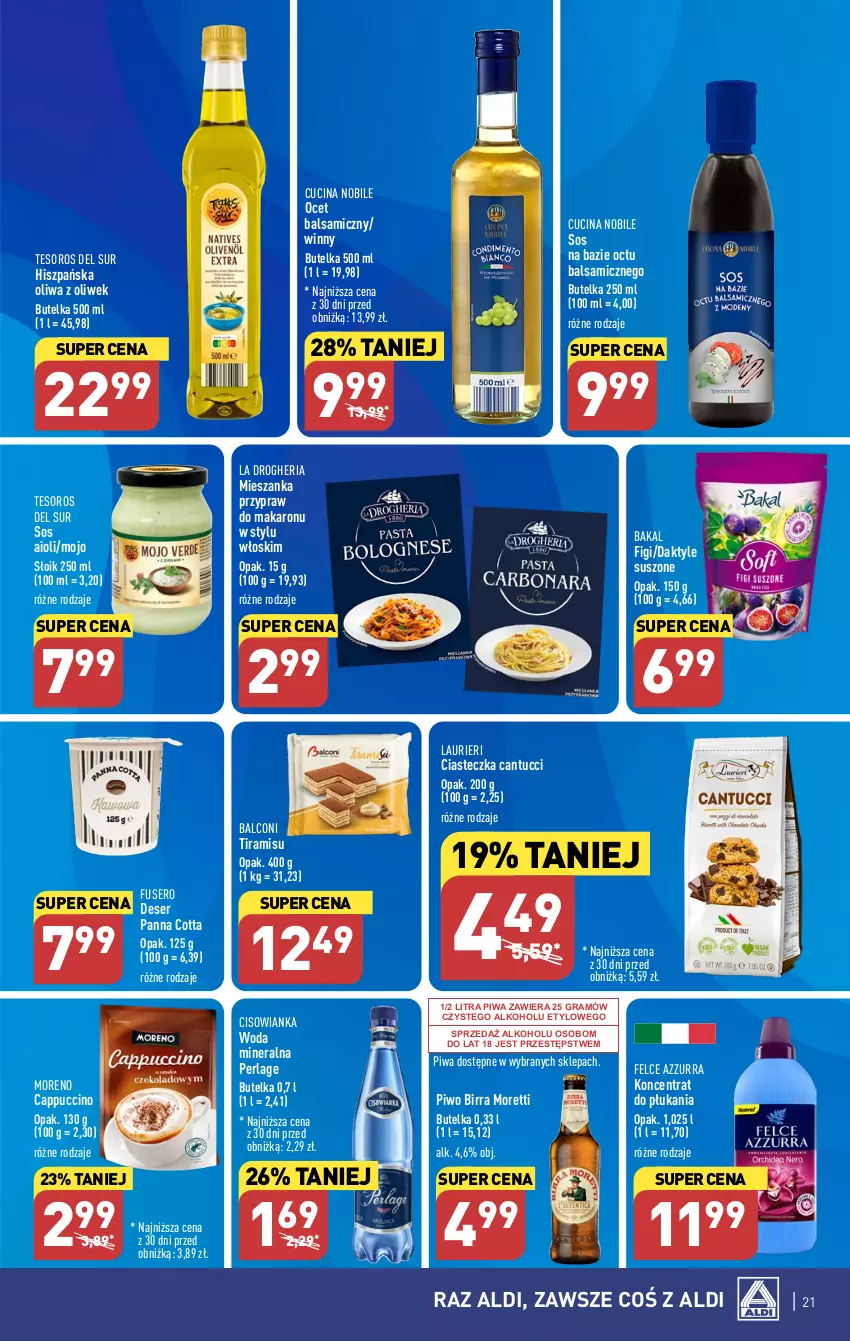 Gazetka promocyjna Aldi - Pełna oferta - ważna 16.10 do 21.10.2023 - strona 21 - produkty: Alcon, Cappuccino, Cisowianka, Daktyle, Deser, Figi, Gra, Laur, Makaron, Ocet, Ocet balsamiczny, Oliwa z oliwek, Panna cotta, Piwa, Piwo, Ser, Sos, Woda, Woda mineralna