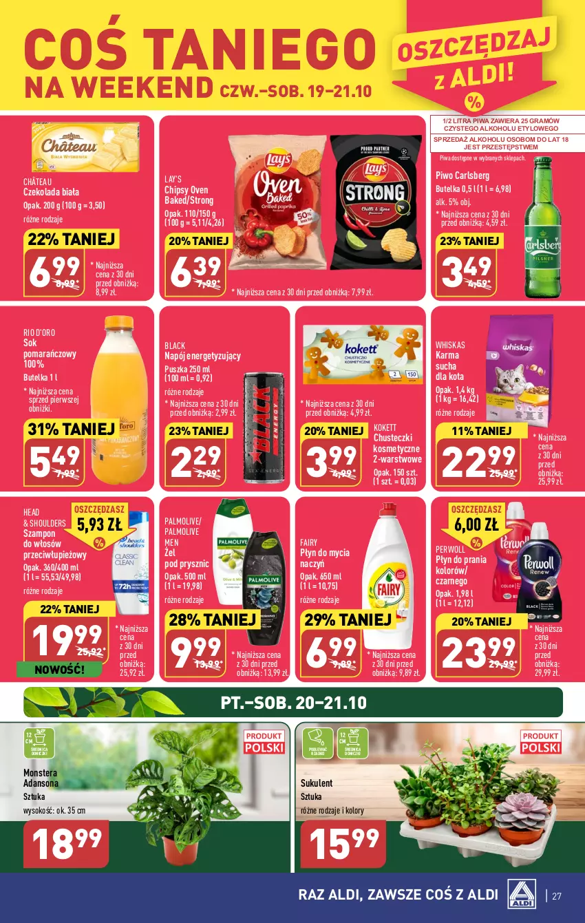 Gazetka promocyjna Aldi - Pełna oferta - ważna 16.10 do 21.10.2023 - strona 27 - produkty: Carlsberg, Chipsy, Chusteczki, Chusteczki kosmetyczne, Czekolada, Do mycia naczyń, Fa, Fairy, Gra, Lack, Napój, Palmolive, Perwoll, Piwa, Piwo, Płyn do mycia, Płyn do mycia naczyń, Płyn do prania, Sok, Sok pomarańczowy, Sukulent, Szampon, Tera, Whiskas