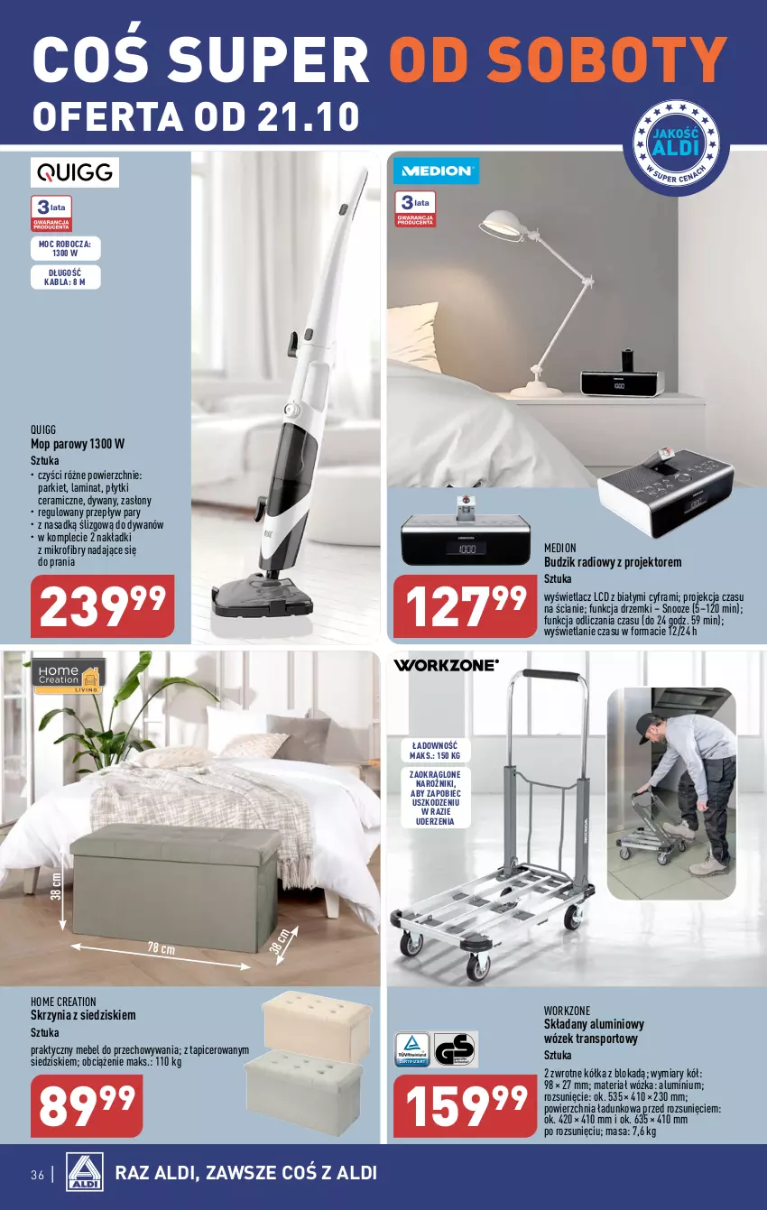 Gazetka promocyjna Aldi - Pełna oferta - ważna 16.10 do 21.10.2023 - strona 36 - produkty: Budzik, Dywan, Mop, Mop parowy, Narożnik, Por, Sport, Tran, Wózek, Wózek transportowy