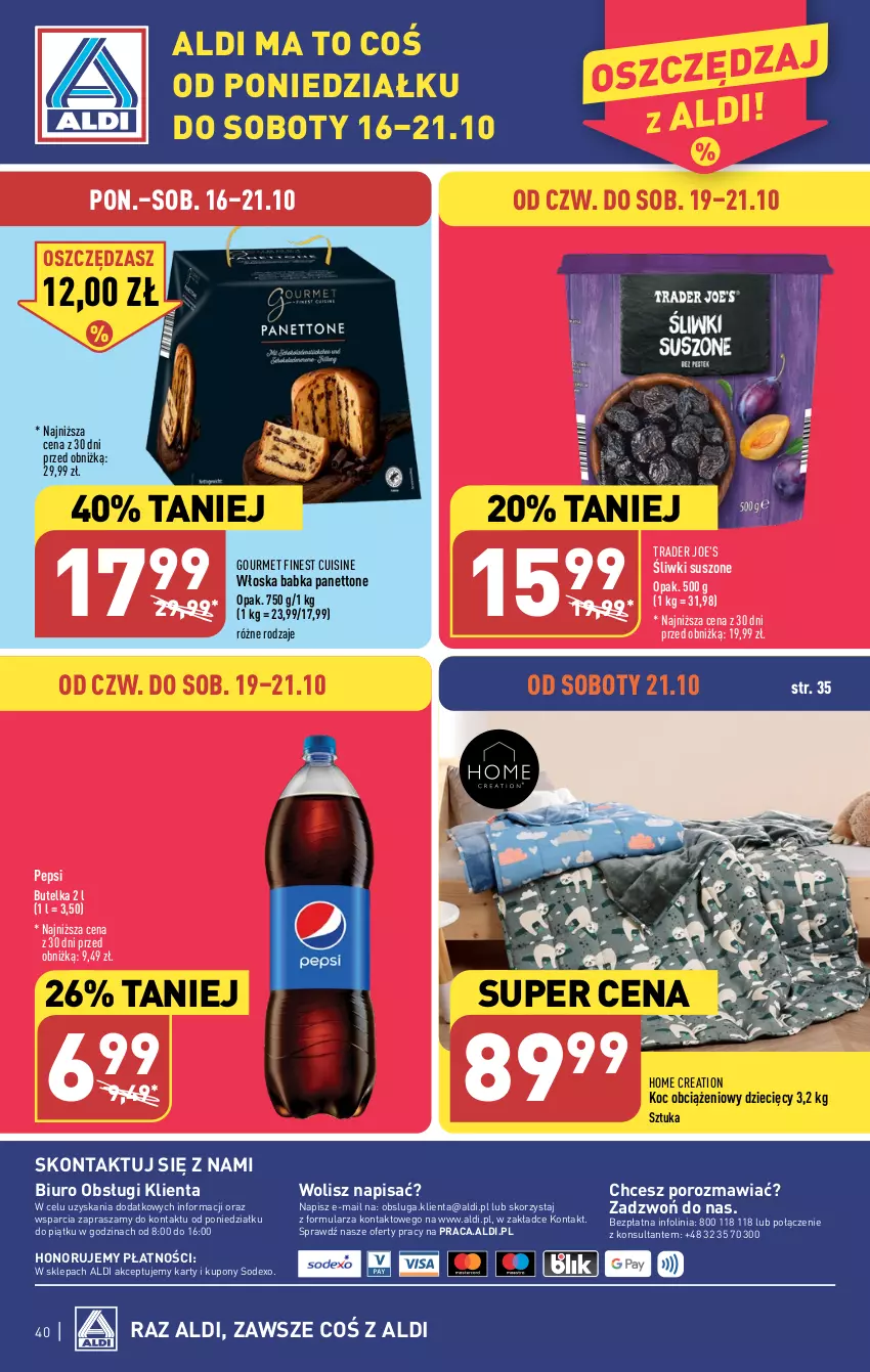 Gazetka promocyjna Aldi - Pełna oferta - ważna 16.10 do 21.10.2023 - strona 40 - produkty: Babka, Biuro, Dzieci, Koc, O nas, Pepsi, Por